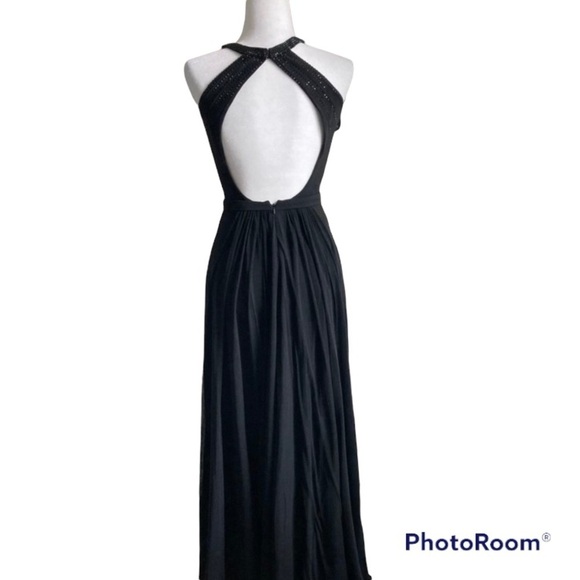 Long Black Halter Top Open Back Beaded Prom Formal Dress - Picture 3 of 3